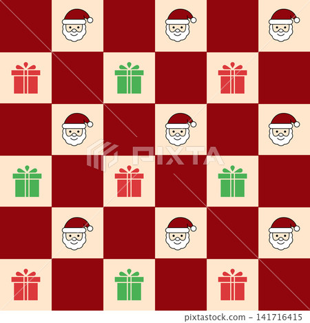 Cute Santa Claus face and gift boxes on red and cream checkered pattern background 141716415