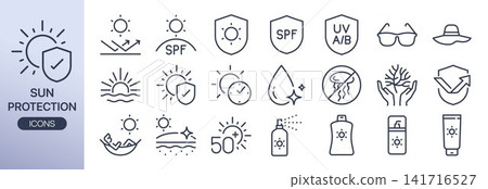 Sunscreen vector line icon set. It includes sun protection, spray, sunblock cream, UV light, summer travel, and more icons. Sunscreen vector line icon set. It includes sun protection, spray, sunblock cream, UV light, summer travel, and more icons. 141716527