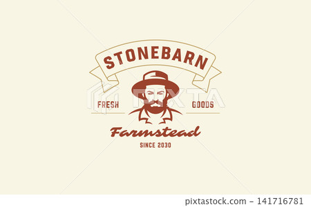 Bearded Farmer Mascot Vintage Ribbon Emblem For Organic Farmstead Agriculture Vector Logo Template Bearded Farmer Mascot Vintage Ribbon Emblem For Organic Farmstead Agriculture Vector Logo Template 141716781