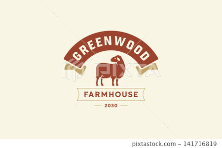 Vintage Sheep Farmhouse Badge Vector Logo Template For Organic Livestock Ranch Wool Production 141716819