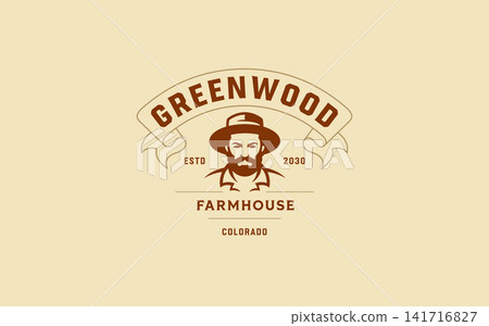 Vintage Bearded Farmer Man Hat Badge Vector Logo Template For Organic Farmhouse Agriculture 141716827