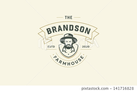 Retro Bearded Farmer Shield Badge Vector Logo Template For Vintage Farmhouse Agriculture Brand 141716828