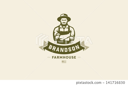 Retro Bearded Farmer Artisan Ribbon Badge Vector Logo Template For Vintage Organic Ranch Brand Retro Bearded Farmer Artisan Ribbon Badge Vector Logo Template For Vintage Organic Ranch Brand 141716830