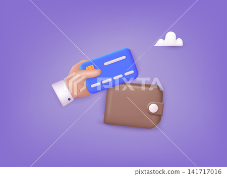 Money wallet with credit card. Money transfer from card to wallet. Online payment concept. 3D Web Vector Illustrations. 141717016