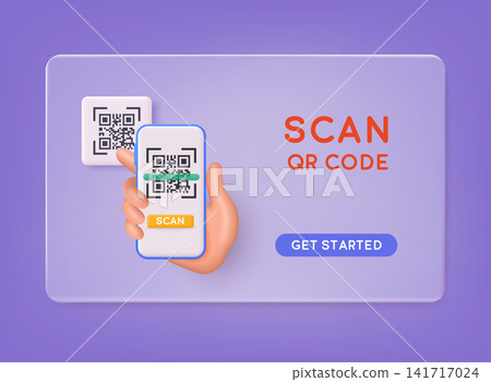 Scan QR code to Mobile Phone. Electronic, digital technology, barcode. 3D Web Vector Illustrations. Scan QR code to Mobile Phone. Electronic, digital technology, barcode. 3D Web Vector Illustrations. 141717024