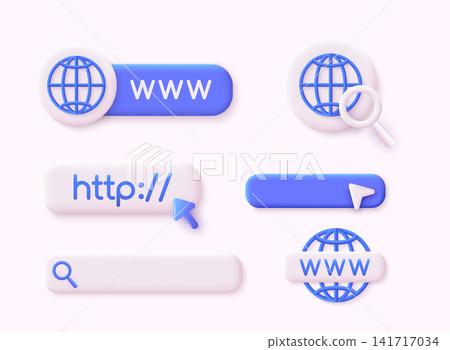 Www icons collection. Internet icon. Www search bar icon. Address and navigation bar icon. 3D Web Vector Illustrations. Www icons collection. Internet icon. Www search bar icon. Address and navigation bar icon. 3D Web Vector Illustrations. 141717034