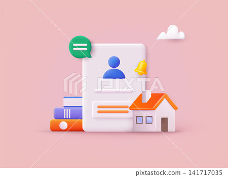 Open pages with account. Landing page template for web. House real estate contract, rental agreement or lease contract. 3D Web Vector Illustrations. 141717035
