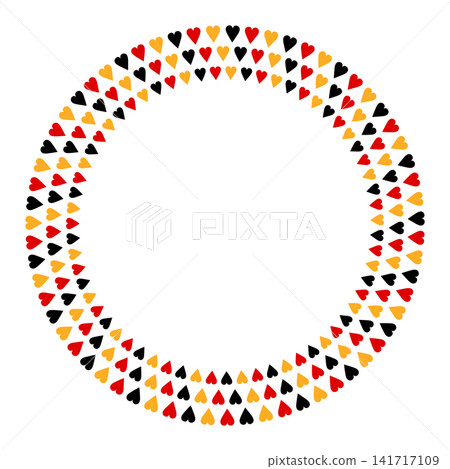 German flag circular frame border with three rows of black red yellow hearts, isolated on transparent background. Copy space. PNG. Vector 141717109