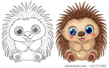 Cute Cartoon Hedgehog Vector Illustration with Coloring Page Version Cute Cartoon Hedgehog Vector Illustration with Coloring Page Version 141717382