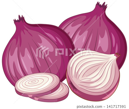 Vector Illustration of Whole and Sliced Fresh Red Onions 141717391