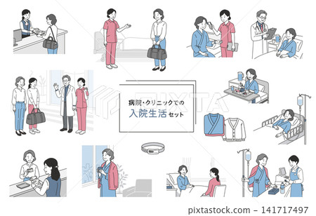 Hospital/Clinic Inpatient Life Illustration Set: Illustrations of admission procedures, nursing care, doctor's rounds, IV drips, meals, visits, and discharge. Hospital/Clinic Inpatient Life Illustration Set: Illustrations of admission procedures, nursing care, doctor's rounds, IV drips, meals, visits, and discharge. 141717497