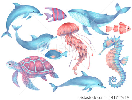 Collection of watercolor marine animals dolphin, whale, turtle, jellyfish, seahorse and tropical clownfish, angelfish, surgeonfish. Cartoon clipart illustration for children. For nursery, baby shower 141717669
