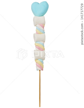 A skewer with heart-shaped and pastel-twisted marshmallows on a white background (cutout). A skewer with heart-shaped and pastel-twisted marshmallows on a white background (cutout). 141717729