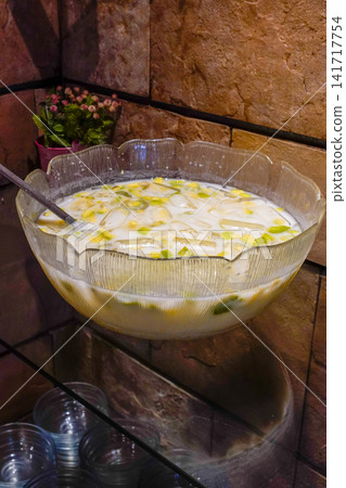 Traditional Indonesian Es Teler made with avocado, young coconut, jackfruit, nata de coco, coconut milk, and ice. Refreshing tropical dessert ideal for food, travel, and cultural publications. Traditional Indonesian Es Teler made with avocado, young coconut, jackfruit, nata de coco, coconut milk, and ice. Refreshing tropical dessert ideal for food, travel, and cultural publications. 141717754