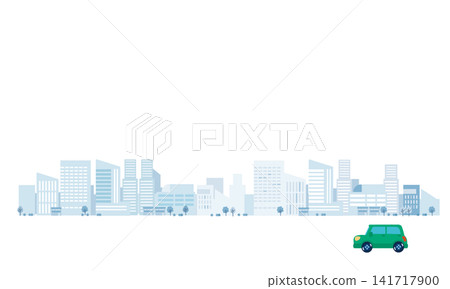 一幅簡單的橫幅插圖，畫面中一輛汽車和一個共享空間，背景是城市摩天大樓。 141717900