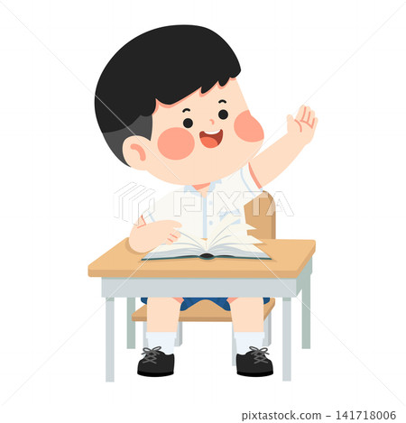 Cartoon Schoolboy Raising Hand in Classroom Cartoon Schoolboy Raising Hand in Classroom 141718006