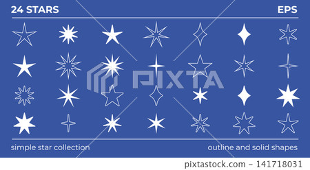 Twenty four white stars create simple outline and solid icon shapes collection on blue background Twenty four white stars create simple outline and solid icon shapes collection on blue background 141718031