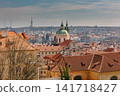 Panoramic Prague cityscape with historic red rooftops and Baroque church domes in Prague City Czech Republic, showcasing timeless European architecture and scenic Old Town skyline on a clear day 141718427