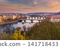 Panoramic Prague cityscape with Vltava River and historic bridges at sunset, showcasing colorful spring scenery, European architecture and the romantic skyline of Prague City Czech Republic 141718433