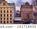 Historic ornate buildings along the Vltava riverfront at sunset in Prague City Czech Republic, showcasing Renaissance architecture, decorative facades and timeless European urban heritage 141718434