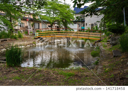小野川溫泉小鎮裡的小池塘與木橋 141718458