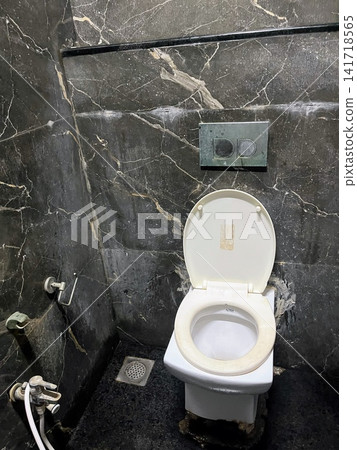 西式馬桶和壁掛式沖水鈕靠在黑色大理石牆面上。 西式馬桶和壁掛式沖水鈕靠在黑色大理石牆面上。 141718565