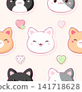 Vector seamless pattern (tiling) with cute cat. Sweet kitty themed cutecore cozy sticker. Endless texture can be used for pattern fills, t-shirt print, web page background, fabric design, scrapbooking 141718628