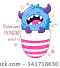 Pocket-sized monster friend. Baby badge with little monsters in pocket. Kit of childish print with of cute kawaii baby dragon. Can be used for t-shirt, sticker, badge, card design. Vector EPS 8 141718630