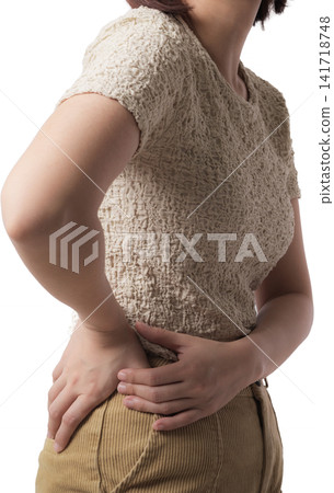 Asian woman abdominal pain textured sweater with corduroy trouser, isolated portrait showing physical discomfort and hand Asian woman abdominal pain textured sweater with corduroy trouser, isolated portrait showing physical discomfort and hand 141718748