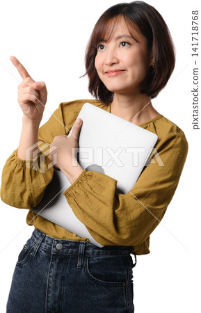 Asian woman holding tablet pointing upward with warm smile, isolated against transparent background for business Asian woman holding tablet pointing upward with warm smile, isolated against transparent background for business 141718768