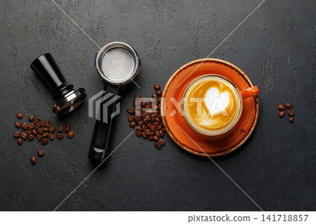 Espresso preparation tools and coffee beans flat lay composition Espresso preparation tools and coffee beans flat lay composition 141718857