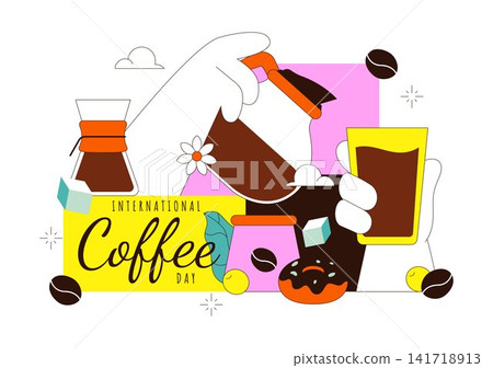 International Coffee Day Vector Illustration Featuring Fresh Brew, Espresso, Cappuccino, Takeaway Cup, Roasted Beans, and Cozy Coffee Culture 141718913
