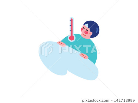 An illustration of a man lying in bed with a fever from a cold. An illustration of a man lying in bed with a fever from a cold. 141718999