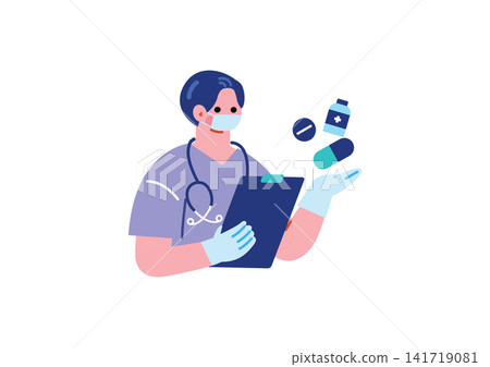 Illustration of a male doctor explaining medication. Illustration of a male doctor explaining medication. 141719081