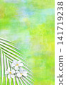 Beautiful summer plumeria flowers and white palm leaves against a grunge green background. 141719238