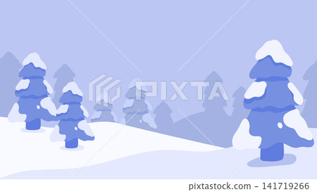 Blue Tone Conifer Trees and Snowy Field Winter Holiday Landscape 141719266