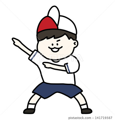 An illustration of a boy imitating Ultraman by turning up the brim of his red and white cap. Transparent background. An illustration of a boy imitating Ultraman by turning up the brim of his red and white cap. Transparent background. 141719387