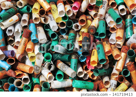 Pile of colorful plastic pipes for recycling, closeup of photo 141719413