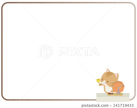 A frame featuring a smiling tabby cat ringing a bell and a raffle wheel. A frame featuring a smiling tabby cat ringing a bell and a raffle wheel. 141719433