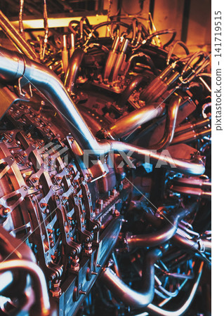 Complex Mechanical Layout Inside Gas Turbine with Hoses and Fittings Complex Mechanical Layout Inside Gas Turbine with Hoses and Fittings 141719515