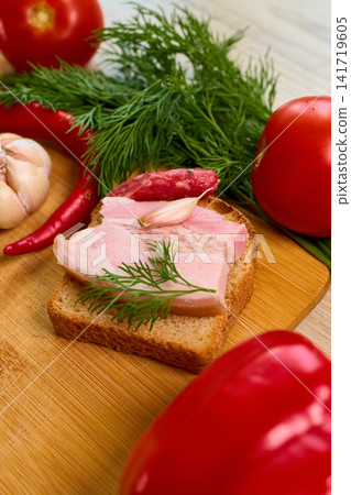 Traditional Ukrainian Bread with Salo and Fresh Vegetables Traditional Ukrainian Bread with Salo and Fresh Vegetables 141719605
