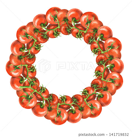 Wreath of the tomatoes. Watercolor illustration. Handmade art work. For packaging design, cards, cover, prints, product labels and fabric. Wreath of the tomatoes. Watercolor illustration. Handmade art work. For packaging design, cards, cover, prints, product labels and fabric. 141719832