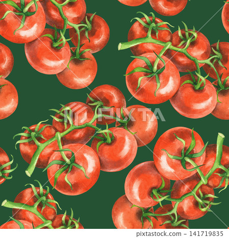 Seamless pattern of the tomatoes on a green background. Watercolor illustration. Handmade art work. For packaging design, cards, cover, prints, product labels and fabric. Seamless pattern of the tomatoes on a green background. Watercolor illustration. Handmade art work. For packaging design, cards, cover, prints, product labels and fabric. 141719835