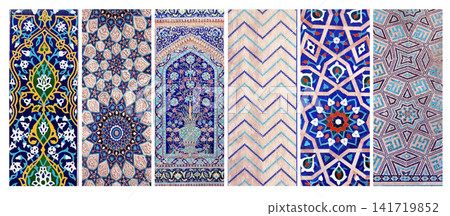 Set of horizontal or vertical banners with detail of ancient mosaic walls with floral and geometric ornaments. Collection of background with traditional islamic tile decoration. Tile decor on old wall 141719852