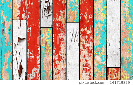 Texture of vintage wood board with cracked paint in various hues. Horizontal retro background with wooden plank with old paint of different color. Full pattern for banner or skinali with wood panels Texture of vintage wood board with cracked paint in various hues. Horizontal retro background with wooden plank with old paint of different color. Full pattern for banner or skinali with wood panels 141719859