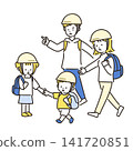 Illustration of a family evacuating while wearing helmets 141720851