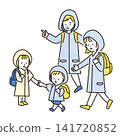 Illustration of a family evacuating while wearing raincoats 141720852