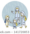 An illustration of a family evacuating in heavy rain while wearing raincoats. 141720853