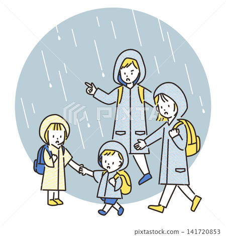 An illustration of a family evacuating in heavy rain while wearing raincoats. An illustration of a family evacuating in heavy rain while wearing raincoats. 141720853