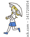 An illustration of a girl walking with an umbrella. 141720854
